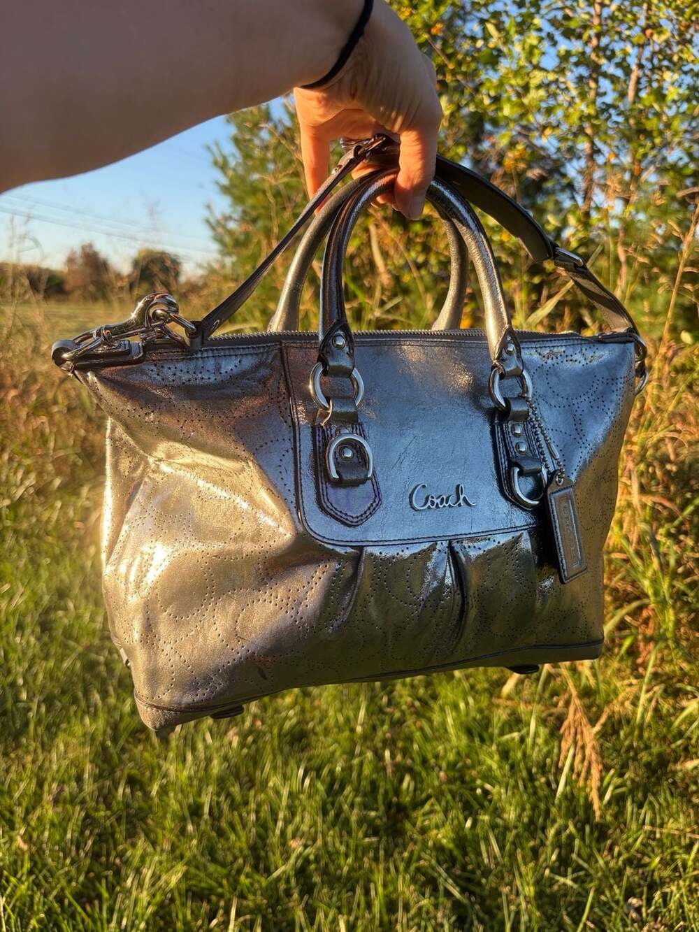 Coach Ashley Perforated Metallic Leather Satchel Handbag Silver